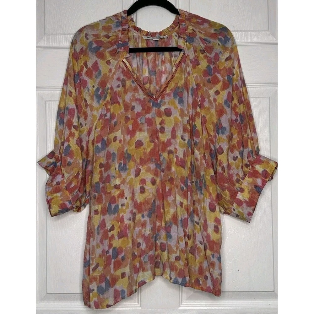 Zac & Rachel Woman 2X Watercolor Boho Blouse Tunic Ladder Lace Tie Sleeve Ruffle
